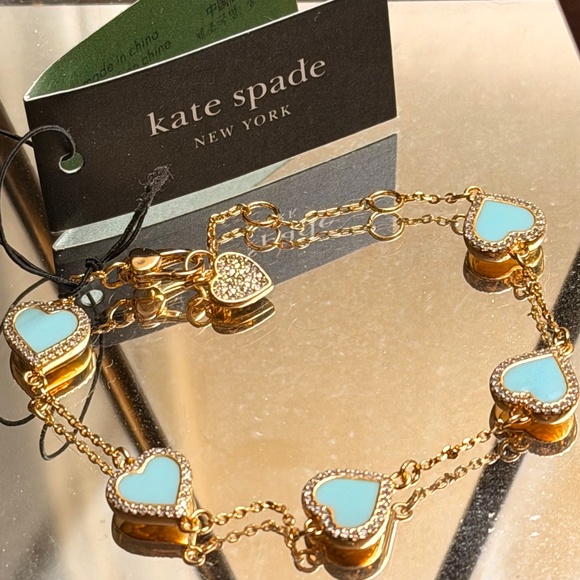 KATE SPADE BRACELET ⭐️TAKE HEART PAVE CRYSTAL- MINT ENAMEL CZ GOLD TONE-Pierced - Picture 2 of 16
